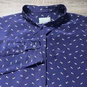 PURE Collection Button Blouse Women’s Size 8/10 100% SILK Horse Designs Navy